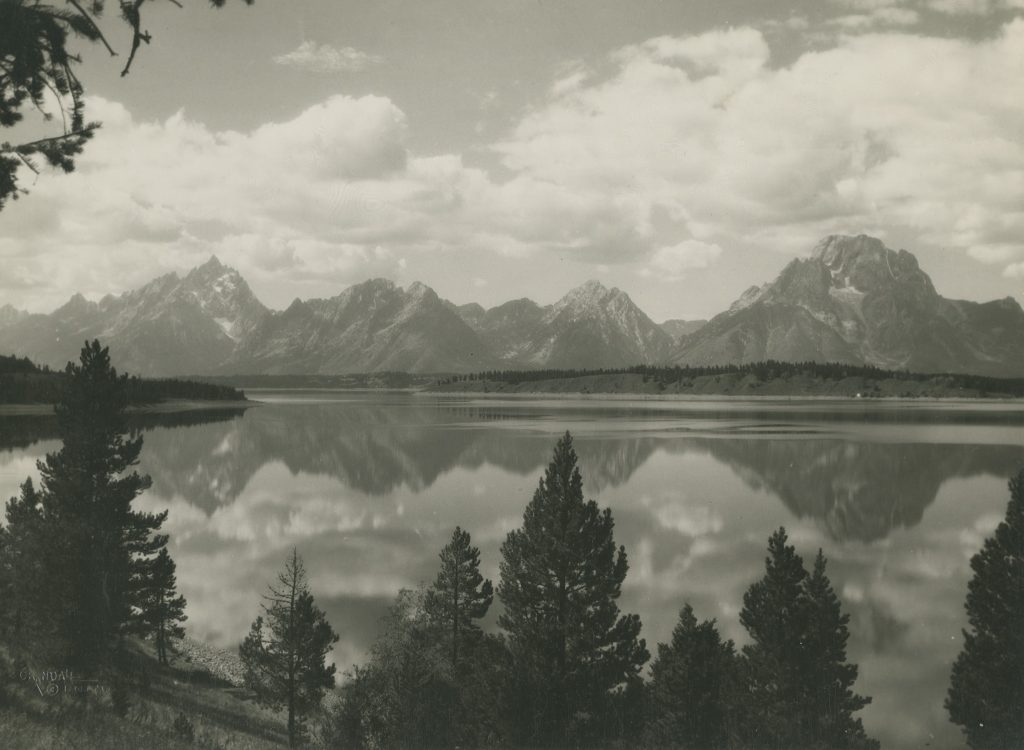 Black and white photo of the Grand Teton mountains.