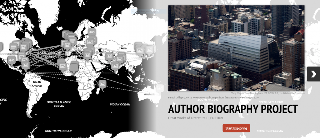 Screen shot of the home screen of the fall 2021 Author Biography Project story map.