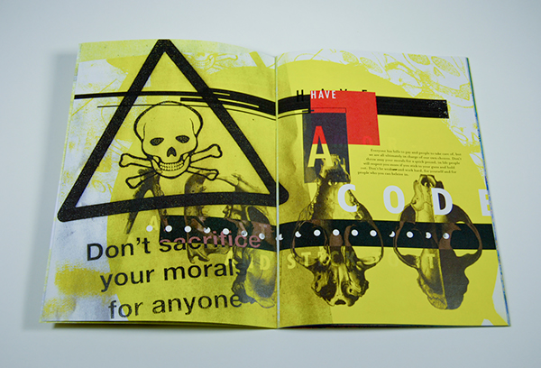 Book open to a text and graphic manifesto