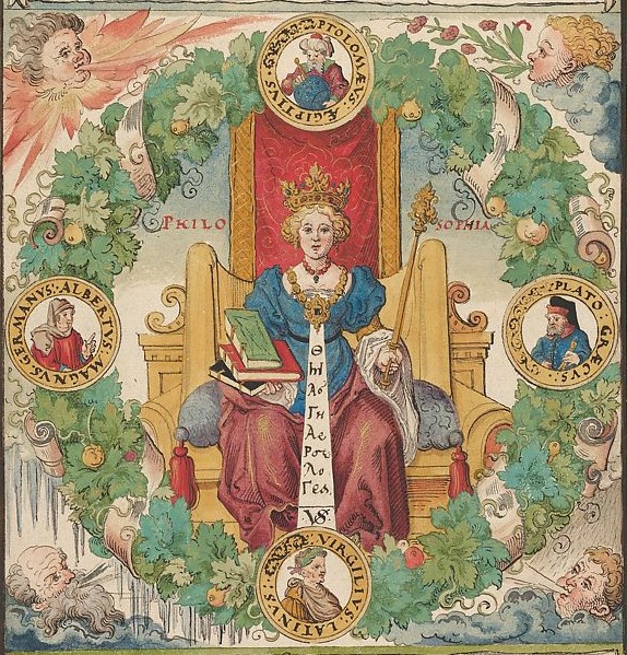 Ink and watercolor allegorical drawing of Philosophy as an enthroned woman.