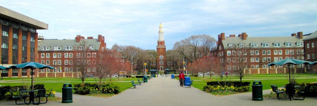 View of Brooklyn College from the West Quad looking East (from L to R: James Hall, Boylan Hall, the library, Ingersoll Hall, and Roosevelt Hall)