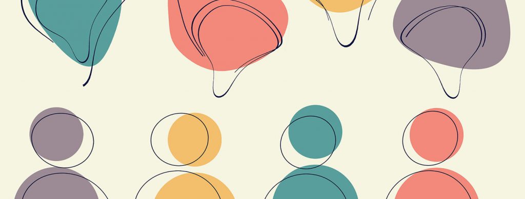 Abstract image of figures with thought/speech bubbles.